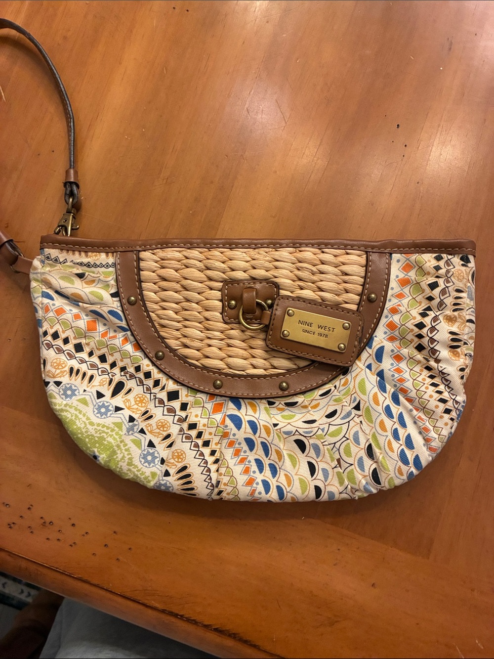 Nine West Multicolor Patterned Woven Accent Wristlet — Blue Green Orange Cream